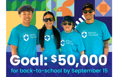 Family. Text: Goal: $50,000 for back-to-school by September 15