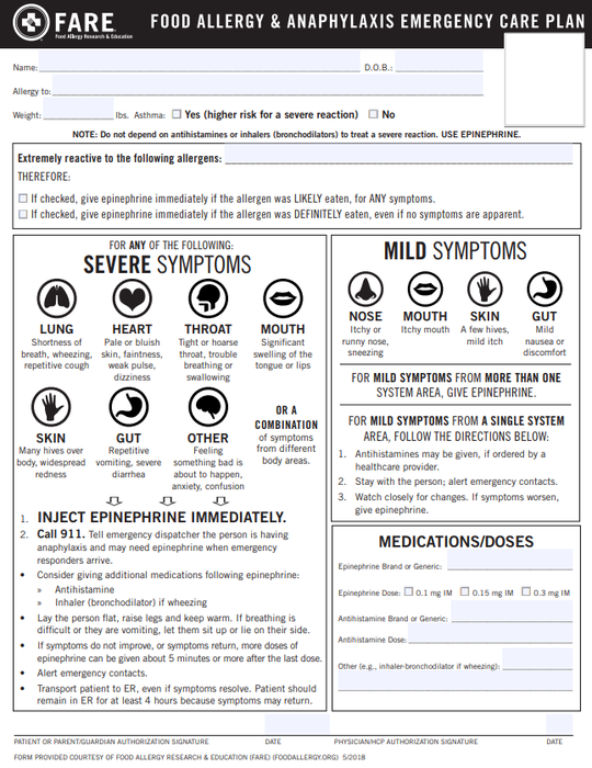 Food Allergy Anaphylaxis Emergency Care Plan Food Allergy Research  Food Allergy Anaphylaxis Emergency Care Plan Food Allergy Research