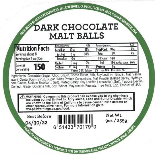 Dark Chocolate Malt Balls Label
