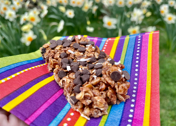 granola bar on a rainbow napkin