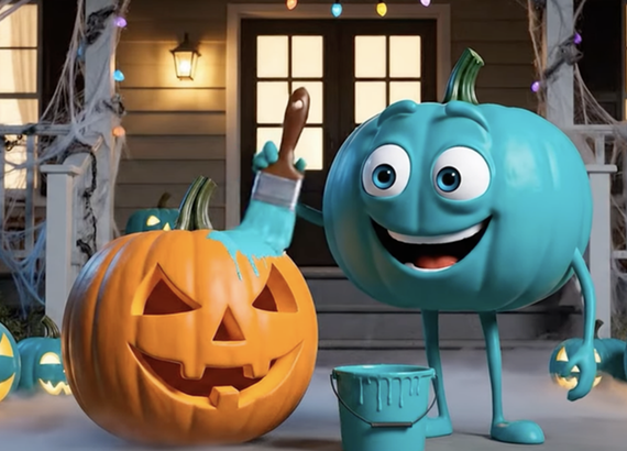 Teal Pumpkin painting an orange pumpkin teal