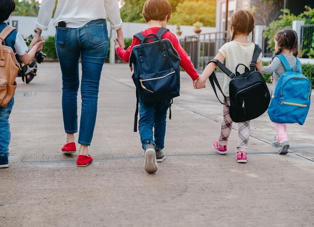 Adult walking holding hands with school children