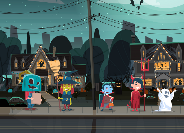 Cartoon kids trick or treating