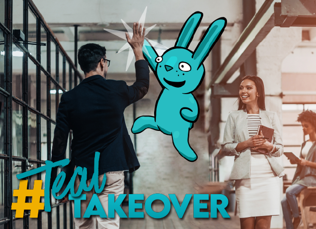 Teal bunny giving a man a high five