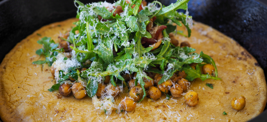 Socca with Crispy Chickpeas, Arugula & Bacon Salad